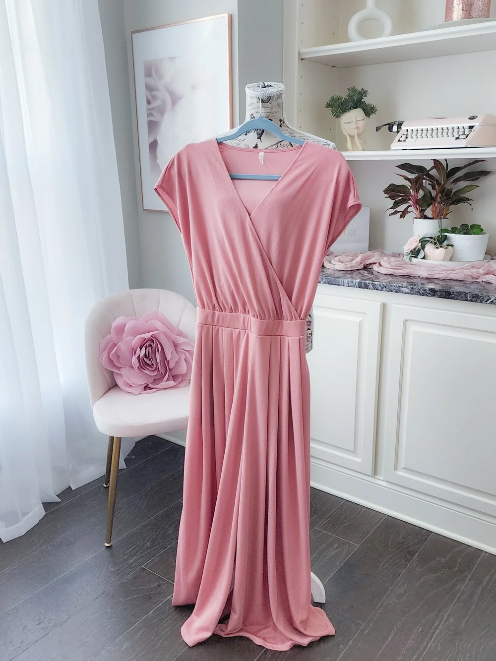 Halara Dusty Rose Wide-Leg Jumpsuit Size S, Faux Wrap, Pockets - Like New - Picture 1 of 6